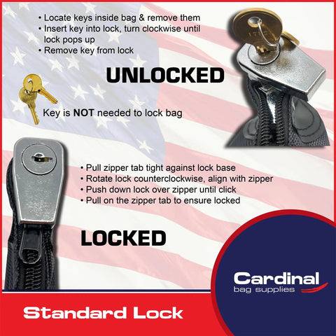 Hassle Free Lockable Document Pouch In Gray Provides HIPAA Compliant Protection For Medical And Legal Files Measuring 11 By 15 Inches, showing unlock and lock instructions.