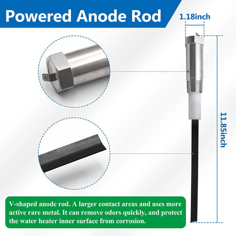 Titanium Water Heater Anode Rod With Power Supply For 40 To 89 Gallon Tank Water Heaters, Easy Top Port Install, dimensions shown