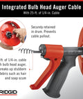 Power Spinner Drain Cleaner With AutoFeed Self Feed Cable in red and black design, showing integrated bulb head auger cable.