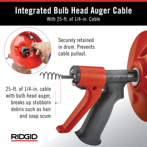 Power Spinner Drain Cleaner With AutoFeed Self Feed Cable in red and black design, showing integrated bulb head auger cable.