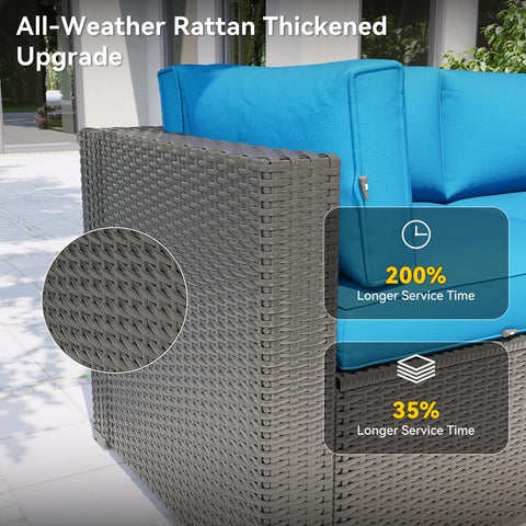 All Weather Wicker Outdoor Furniture Set, 7 Piece Sectional Sofas With Waterproof Cover, Rust Resistant Steel Frame, Durable Patio in Peacock Blue