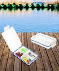 4 Pack Mini Waterproof Tackle Box Organizer For Fly Fishing on dock with hooks and lures visible inside compartments