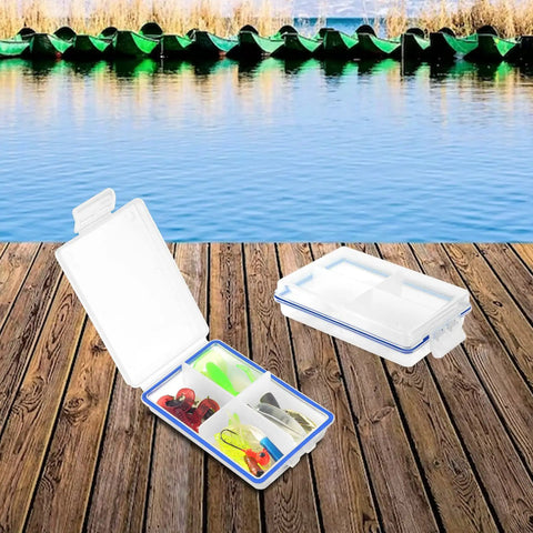 4 Pack Mini Waterproof Tackle Box Organizer For Fly Fishing on dock with hooks and lures visible inside compartments