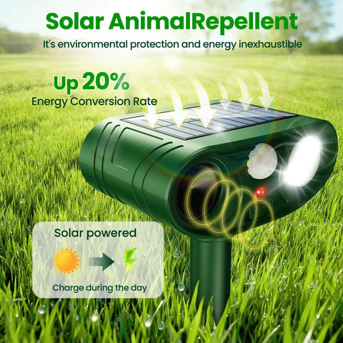 Solar Ultrasonic Animal Repeller With Motion Sensor Light For Yard Garden Lawn, green ABS solar unit on stake in grass