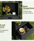 Outdoor PE Rattan Storage Cabinet With Shelves And Drawer All Weather Wicker Storage Shed Organizer For Patio Porch Garden Backyard And Poolside Black showcasing open compartments and pull-out drawer with sunflowers