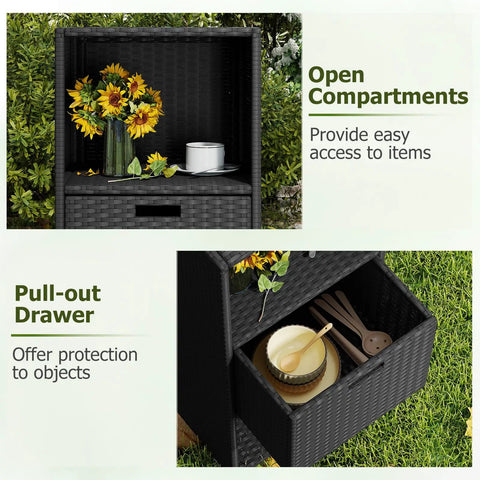 Outdoor PE Rattan Storage Cabinet With Shelves And Drawer All Weather Wicker Storage Shed Organizer For Patio Porch Garden Backyard And Poolside Black showcasing open compartments and pull-out drawer with sunflowers