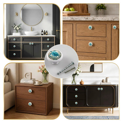Top Tier Four Pack Of Fresh Vintage Nautical Sea Turtle Crystal Glass Round Cabinet Knobs shown on various furniture styles.
