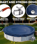 Heavy Duty 18 Ft Round Winter Pool Cover For Above Ground Pools In Navy Blue featuring steel-core fitting cable and strong aluminum tensioner.
