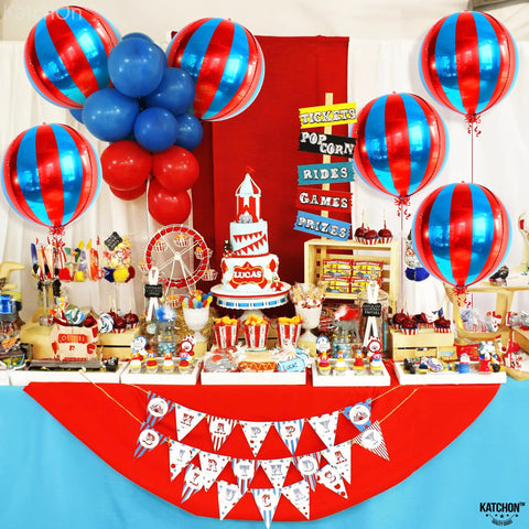 Massive 22 Inch Red And Blue 4D Foil Carnival Balloons Pack Of 6 For Circus Theme Party Decor 360 Degree Striped Balloons in event setup