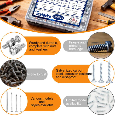 All-In-One 1680-Piece High Hardness Screws, Bolts, Nuts, Nails, And Wood Screws Assortment Kit with M3 to M6 sizes in box