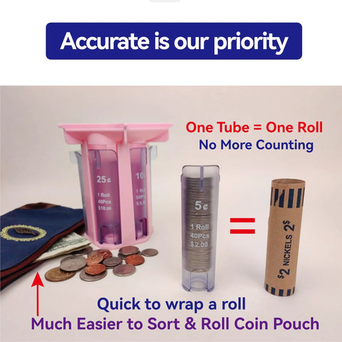 Pink Coin Roller Tube Set For Quick And Accurate Change Counting With Included Wrappers and Coin Organizer on display.