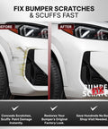 All In One Car Bumper Scratch Remover Kit That Fixes Paint Transfer Scuffs And Light Scratches With A Clear Touch Up Pen Wipes And Compound For All Paint Colors Easy DIY Auto Paint Repair showing before and after results on a car bumper.