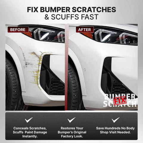 All In One Car Bumper Scratch Remover Kit That Fixes Paint Transfer Scuffs And Light Scratches With A Clear Touch Up Pen Wipes And Compound For All Paint Colors Easy DIY Auto Paint Repair showing before and after results on a car bumper.