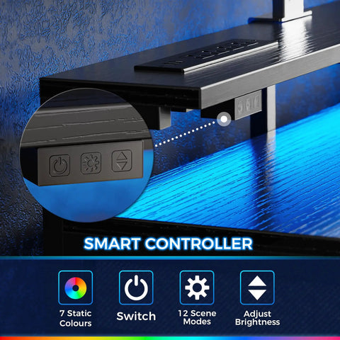 Close-up of control panel on the Gaming Desk With RGB LED Lighting And USB Type-C, 47 Inch Computer Desk with LED lights on.
