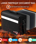 Fireproof Document Bag With Multiple Pockets Large Seventeen Inch By Twelve Point Five Inch By Seven Point Two Inch Waterproof File Organizer for Home Office Valuables Heavy Duty Travel Ready Heat Resistant Up To 5200 Fahrenheit, shown with layers and fire background.