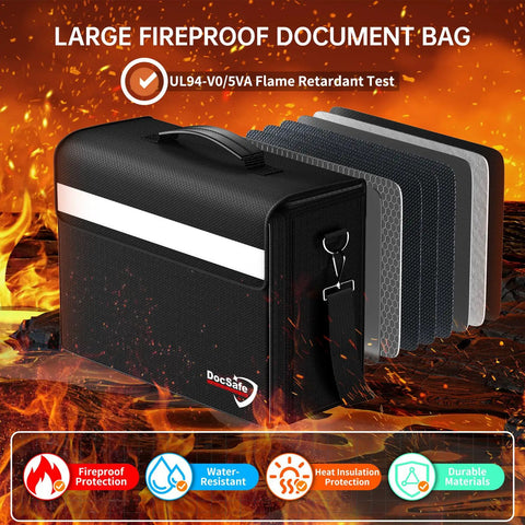 Fireproof Document Bag With Multiple Pockets Large Seventeen Inch By Twelve Point Five Inch By Seven Point Two Inch Waterproof File Organizer for Home Office Valuables Heavy Duty Travel Ready Heat Resistant Up To 5200 Fahrenheit, shown with layers and fire background.