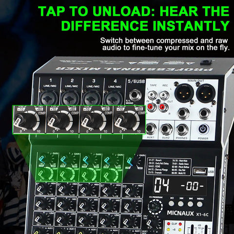 Six Channel Pro Audio Mixer With 99 DSP Effects, USB And Bluetooth Ready, front control panel view with audio adjustments