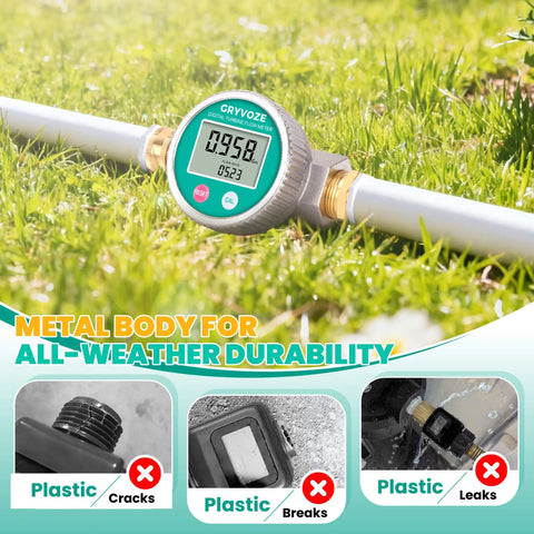 Metal Water Flow Meter Three Quarters Inch GHT Garden Hose Thread Brass Fittings With Large Screen for RVs Pools Lawn Sprinklers