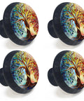 Four Pack Colorful Tree of Life Cabinet Knob Set for Kitchen and Bathroom with multicolor stained glass design and twisted trunk.