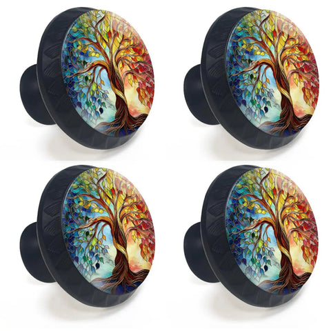 Four Pack Colorful Tree of Life Cabinet Knob Set for Kitchen and Bathroom with multicolor stained glass design and twisted trunk.