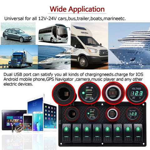 Beefy Eight Gang Waterproof Marine Rocker Switch Panel With Dual USB Ports And Cigarette Lighter Digital Voltage Display