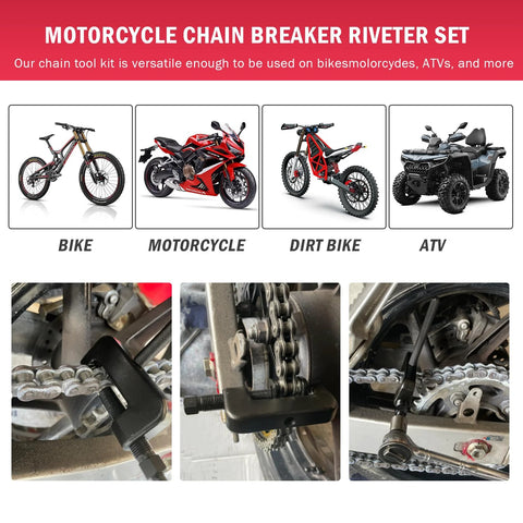 Chain Breaker Tool Kit, 13pc for motorcycle chains; close-up chain repair view with bike, motorcycle, dirt bike, ATV previews.
