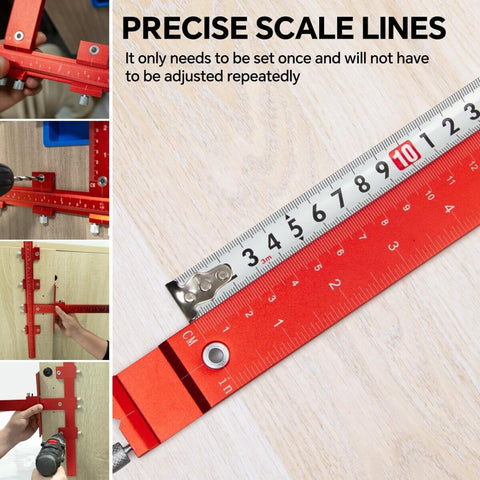 Close-up of Pro Grade Aluminum Cabinet Hardware Jig For Handles Pulls And Knobs With Automatic Center Punch And Easy Install Template