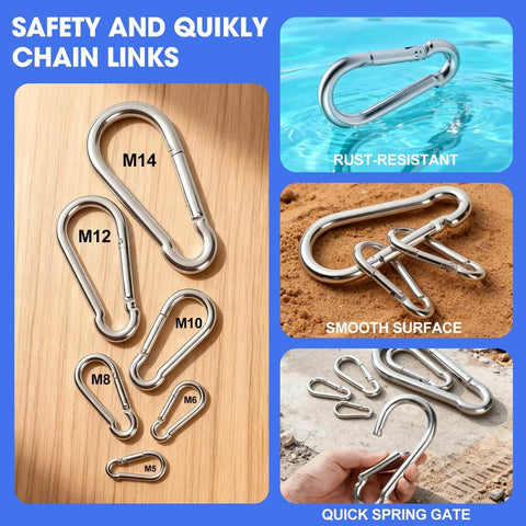Various sizes of zinc galvanized steel carabiners, including M8, displayed on wood and outdoors. 50 Pack Heavy Duty Carabiners M8 Five Sixteenths Inch Diameter Spring Snap 3 Inch Length Zinc Galvanized Steel Clips For Hammock Swing Fitness Gym Outdoor Boating Ideal For Hammock And Swing Sets Fitness Equipment Outdoor Gear Marine Use And General Use.