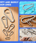 Spring carabiner set: 10-pack metal hooks in sizes M5–M14, rust-resistant, smooth surface.