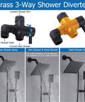 Installation visuals showing a Brass 3-Way Shower Diverter with rain and hand shower options