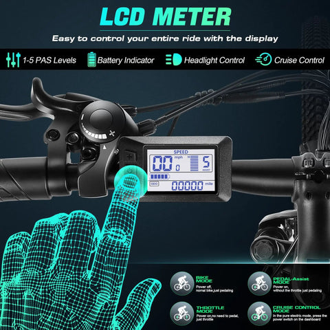 LCD meter display on Kick Back And Roll Easy 26 Inch Electric Bike For Adults With 500W Brushless Motor and 48V Removable Battery.