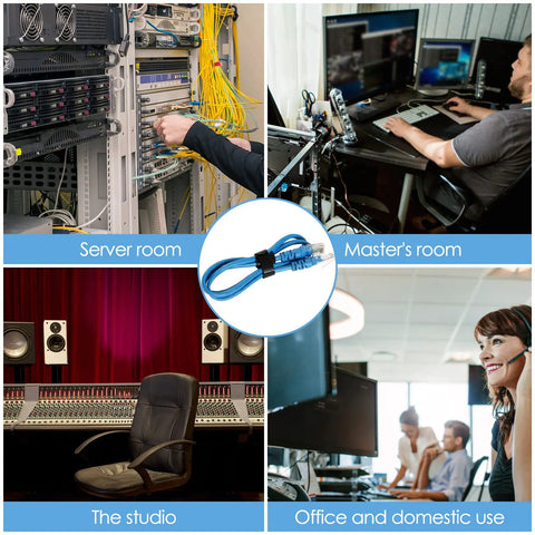 Graphic showing uses for 120 Pack 6 Inch Reusable Cable Ties Set For Home And Office Use in server room, master's room, studio, and office.