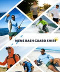 Men wearing Three Pack Men's UPF Fifty Plus Hooded Sun Shirts, Long Sleeve UV Protection Rash Guard Set In Neon in various outdoor activities.
