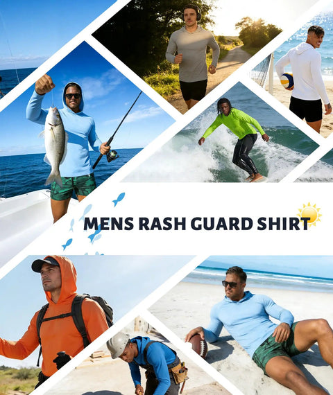 Men wearing Three Pack Men's UPF Fifty Plus Hooded Sun Shirts, Long Sleeve UV Protection Rash Guard Set In Neon in various outdoor activities.