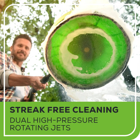 Man using 11 Inch Surface Cleaner For Pressure Washers Universal Attachment With 1/4 Inch Quick Connect Eliminates Stripes On Driveways Sidewalks Patios And Decks Durable Build For Fast Even Cleaning 1 Year Warranty