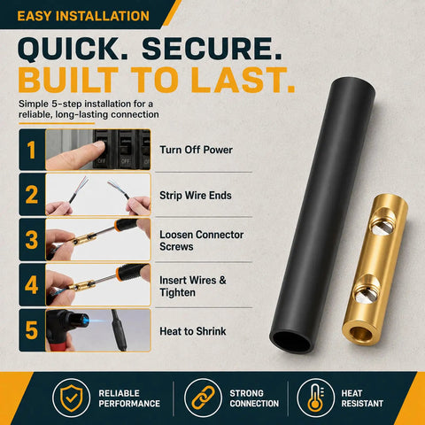 Hot Wire Underground Splice Kit With Heat Shrink Tubes Fixes 14-8 AWG UF Cable Directly Burial Rated Safe At 600V For Outdoor And Landscape Lighting Repair Jobs Done Right. black tube and brass connector with 5-step wiring instructions