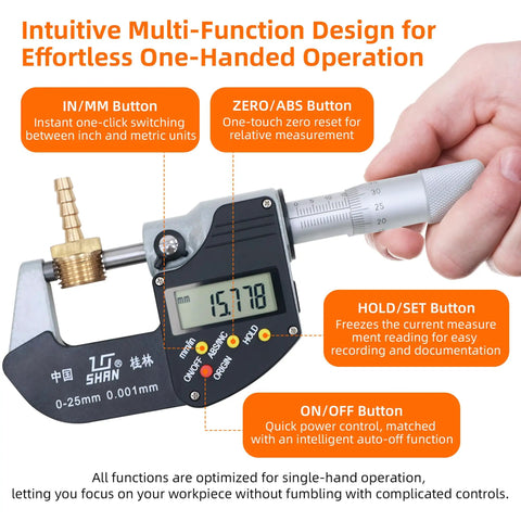 0-1 Inch Digital Micrometer With Carbide Tip, 0.00005 Inch Resolution, 0-25mm Range, showing easy readout and control buttons.
