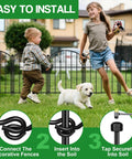 Easy No Dig Garden Fence Kit With 10 Arched Panels, rustproof metal, shown installed, protecting lawn with children and dog playing.