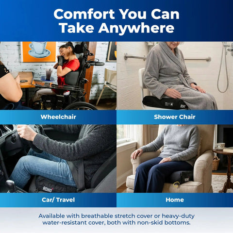 Roho Mosaic Inflatable Seat Cushion For Wheelchair And Office Chair With Adjustable Air Cell Comfort Support Heavy Duty Non Slip Cover Portable Design 18X16 Inch used in wheelchair and shower chair.