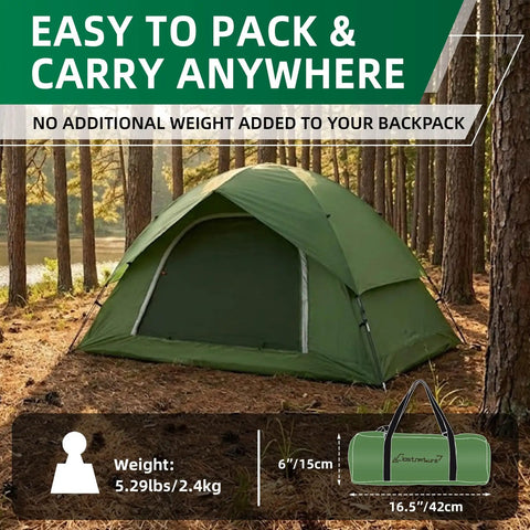 Green dome-shaped lightweight two person tent for camping all weather all season with easy up design and waterproof shelter showcased outdoors