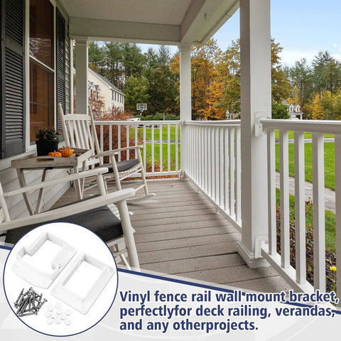 Vinyl Fence Railing Bracket Kit With Screws For 2x3.5 Inch Rails, Straight Porch And Deck Railing Brackets, White Finish, Easy Install, Includes Two T-Shaped Brackets, Two Standard Brackets, Self Drilling Screws, PVC Hole Plugs