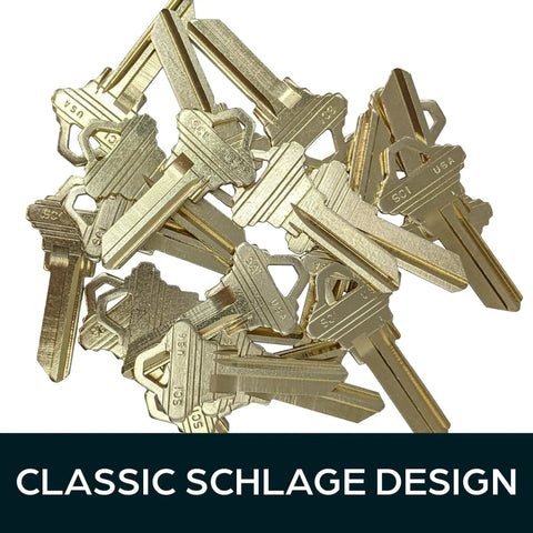 Hardy Uncut SC1 Key Blanks In Premium Brass For Home And Pro Use; pile of brass key blanks with smooth edges