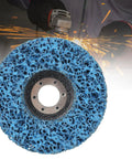 Five Piece Poly Strip Abrasive Disc Set For Angle Grinder Rust And Paint Removal, Blue Nylon Cleaning Wheel, sparks in background