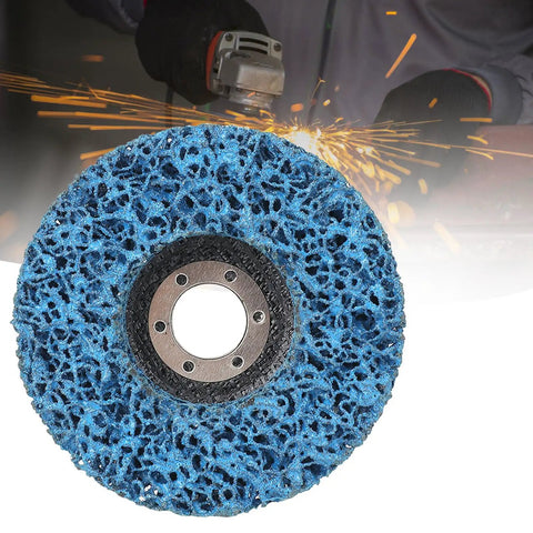 Five Piece Poly Strip Abrasive Disc Set For Angle Grinder Rust And Paint Removal, Blue Nylon Cleaning Wheel, sparks in background