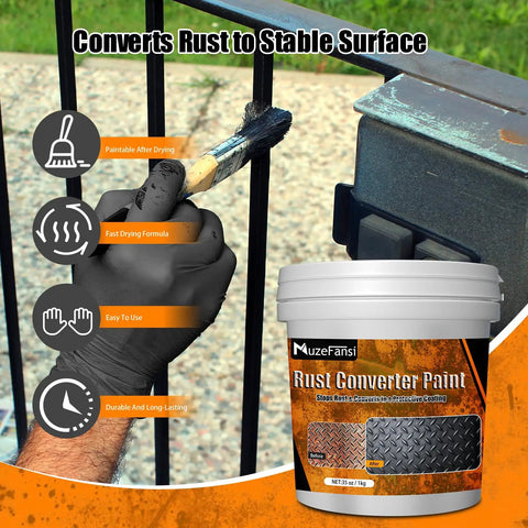 Person applying Rust Busting Converter And Metal Primer For Metal Surfaces That Stops Rust And Seals Moisture to metal gate.