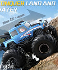 Waterproof 360 Degree Rotating 4X4 RC Monster Truck climbing rocky terrain with water splashes, side view, blue color