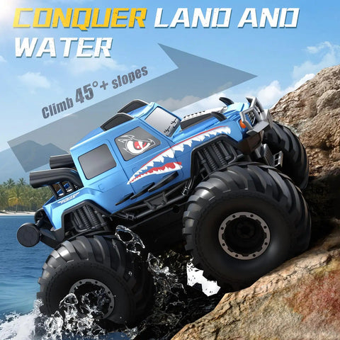 Waterproof 360 Degree Rotating 4X4 RC Monster Truck climbing rocky terrain with water splashes, side view, blue color