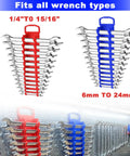 Wrench racks in red and blue for 1/4 to 15/16 inch and 6mm to 24mm wrenches, displayed on a pegboard in a garage setting.