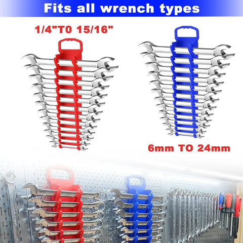 Wrench racks in red and blue for 1/4 to 15/16 inch and 6mm to 24mm wrenches, displayed on a pegboard in a garage setting.