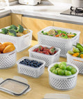 5 Pack Large Fridge Storage Containers With Removable Colander holding fruits and vegetables on kitchen counter